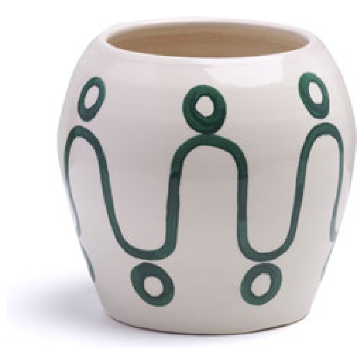 Cycladic Vase Large Green On White Widest Diameter 20 Cm, Height 20 Cm