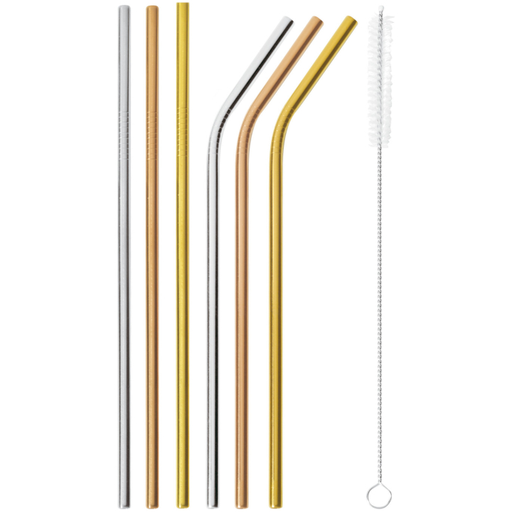 Straws Set 6 Pcs With Brush Size 21.5 Cm Mix & Play Straight 3 Pcs, Curved 3 Pcs Sambonet