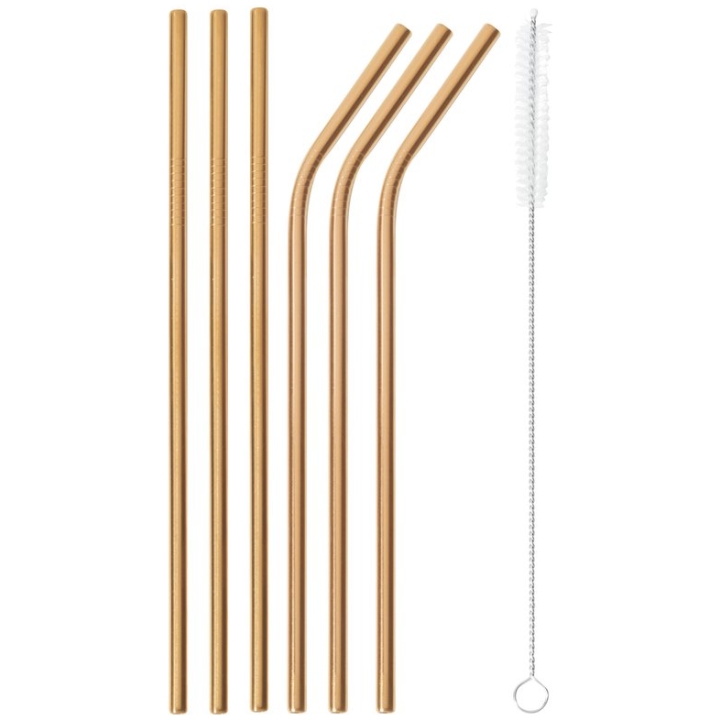 Straws Set 6 Pcs With Brush Size 21.5 Cm  S/steel Copper - 3 Pcs Straight, 3 Pcs Curvedsambonet