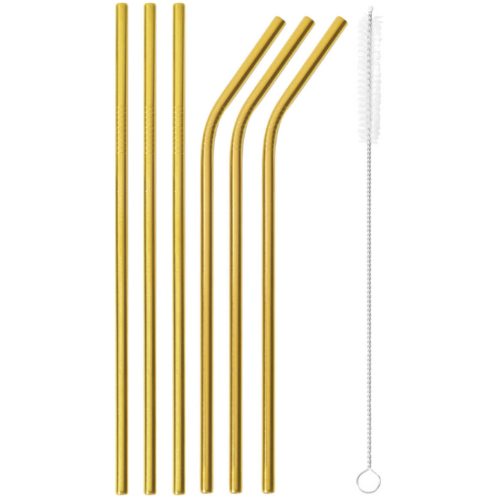 Straws Set 6 Pcs With Brush Gold Size 21.5 Cm - 3 Pcs Straight, 3 Pcs Curved Sambonet